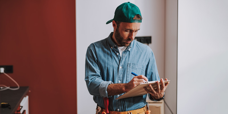 real estate investor going over a checklist at a rehab property