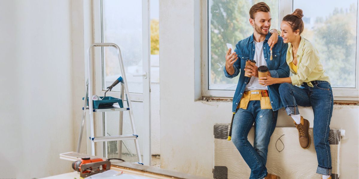 A house flipping couple taking a break from renovations to review their financing options on their mobile device