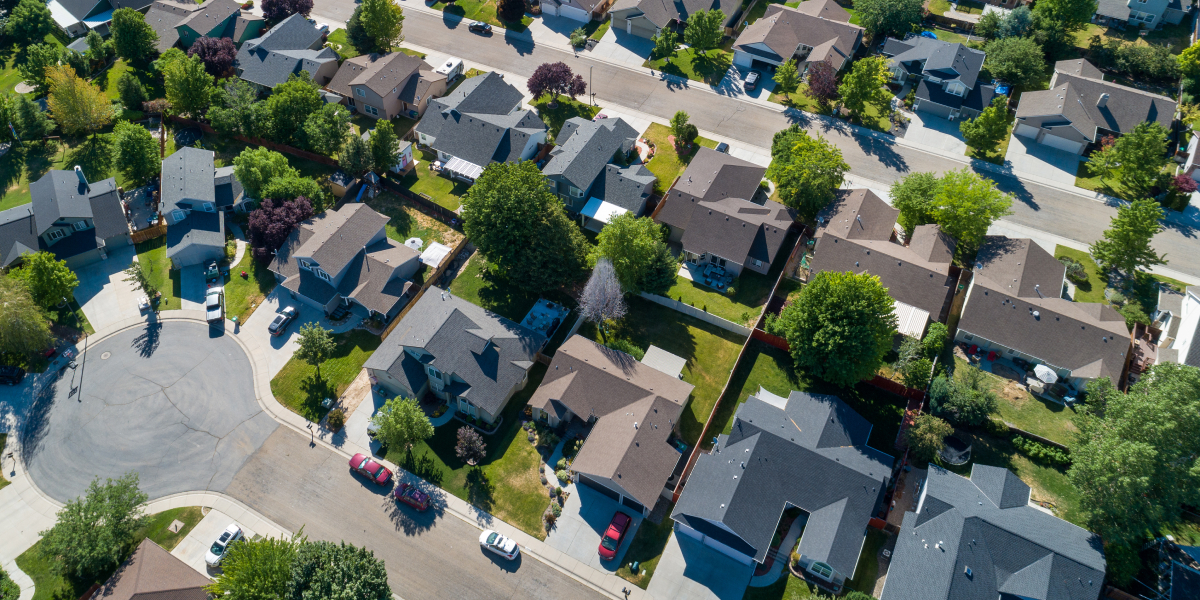 aerial view of a large neighborhood of rental properties