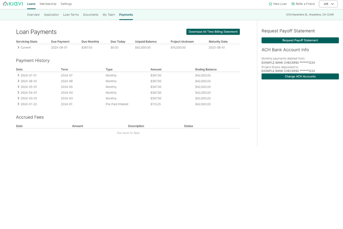 servicing page loan screenshot